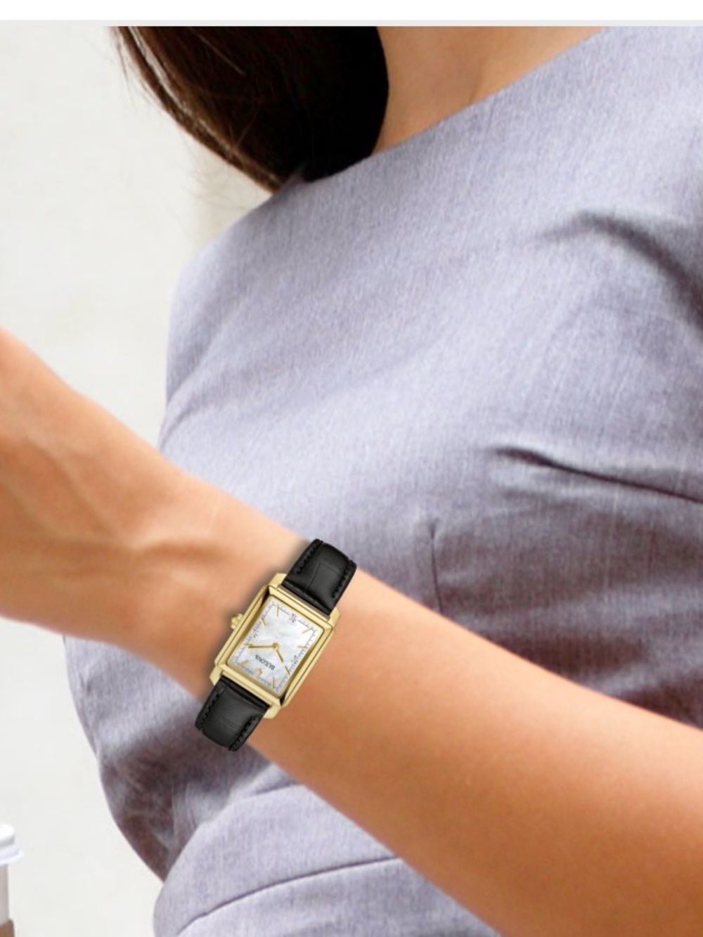 Bulova Gold-Tone Rectangular Case Watch with Black Leather Strap